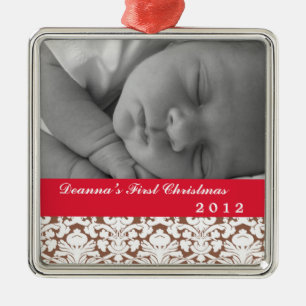 Brauner Damast klassisches rotes Band Baby´s erste Silbernes Ornament