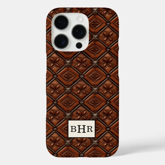 Brauner Diamant-Leder mit Monogramm Case-Mate iPhone Hülle (Rückseite)