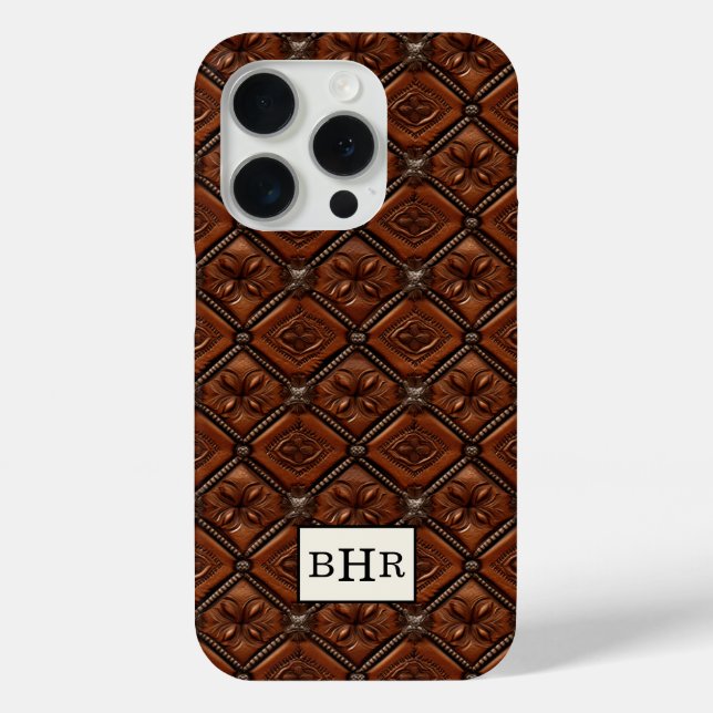 Brauner Diamant-Leder mit Monogramm Case-Mate iPhone Hülle (Rückseite)