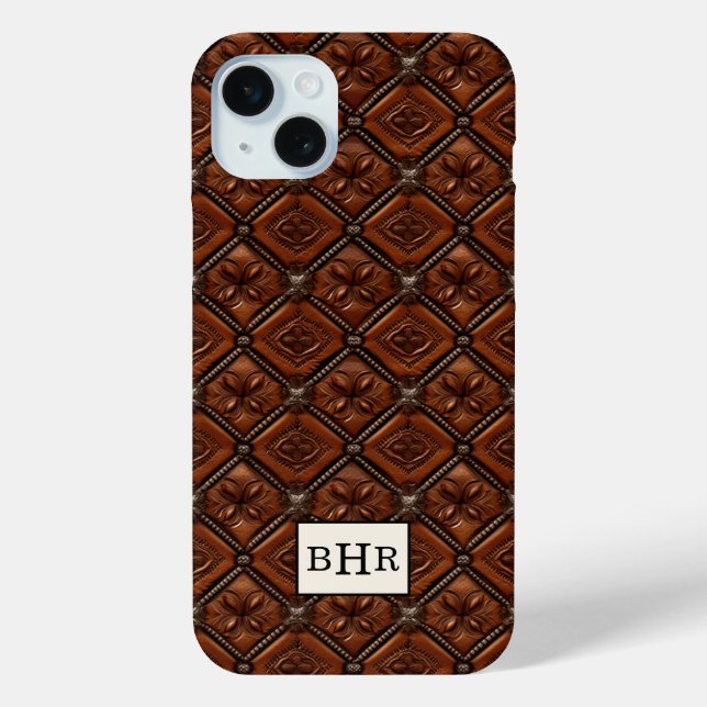 Brauner Diamant-Leder mit Monogramm Case-Mate iPhone Hülle (Rückseite)