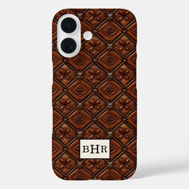 Brauner Diamant-Leder mit Monogramm Case-Mate iPhone Hülle (Rückseite)
