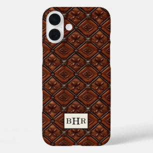 Brauner Diamant-Leder-Monogramm iPhone 16 Plus Hülle