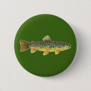 Brauner Forellenfisch Grüner Angler Button