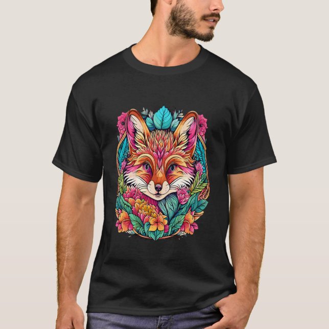 Brauner Fuchs mit farbenfrohem Blätter- und Blumen T-Shirt (Vorderseite)