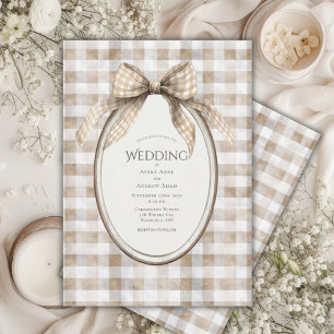 Brauner Gingham-Bogenrahmen Vintage-Hochzeit Einladung