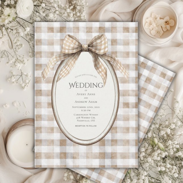 Brauner Gingham-Bogenrahmen Vintage-Hochzeit Einladung (Von Creator hochgeladen)