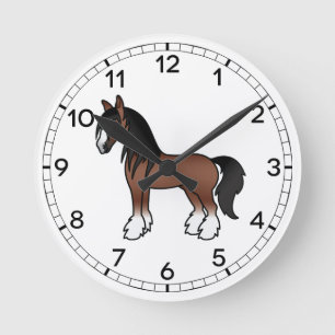 Brauner Gypsy Vanner Clydesdale Shire Cartoon Pfer Runde Wanduhr