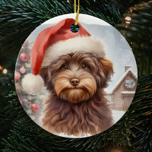 Brauner Havanese Hund mit Vintage-Weihnachtsmannmü Keramik Ornament