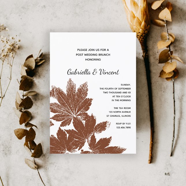 Brauner Herbstblatt-Stempel Post-Hochzeitsbrunch Einladung (Fall in Love with this natural woodsy wedding brunch invitation.)