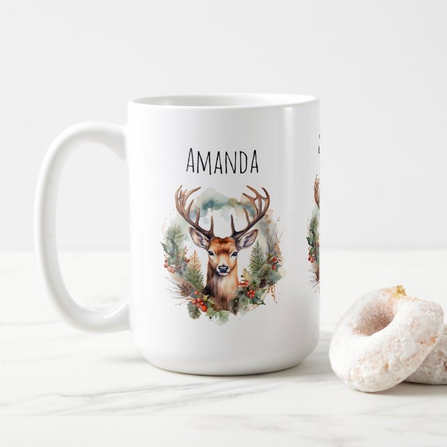 Brauner Hirsch mit Geweih Rustikale Outdoor-Optik Kaffeetasse (Mit Donut)