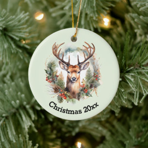 Brauner Hirsch mit Geweih Rustikales Weihnachten Keramik Ornament