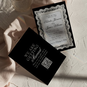 Brauner Hochzeit QR-Code mit Spitzenmuster im Old- Einladung
