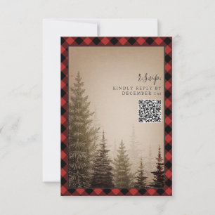 Brauner Immergrüner Baum Rustikaler Karo Hochzeits RSVP Karte
