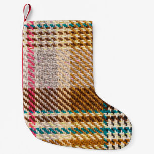 Brauner karierter Stoff, Schottische Wolle. Kleiner Weihnachtsstrumpf