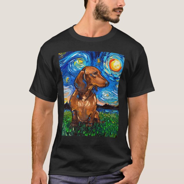 Brauner Kurz Hair Dackel Dackel Starry Night Hund  T-Shirt (Vorderseite)