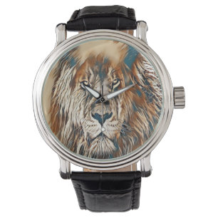 Brauner Löwe Gesicht künstlerische Malerei Armbanduhr