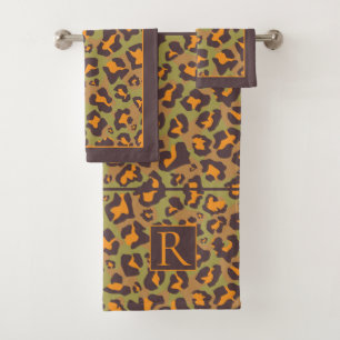 Brauner, orangefarbener, grüner Leopardenprint und Badhandtuch Set