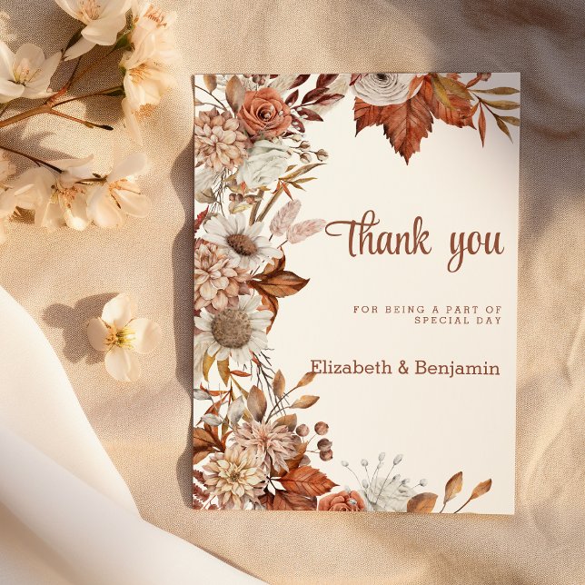 Brauner Orangenfall florale rustikale Danke Einladung (Brown white orange fall floral rustic Thank You)
