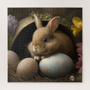 Brauner Osterhase unter Eiern und Frühlingsblumen Puzzle