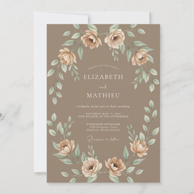 Brauner Ranunculus-Kranz Hochzeit Einladung (Vorderseite)