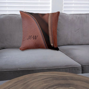 Brauner Satin und offener Kunstleder Kissen