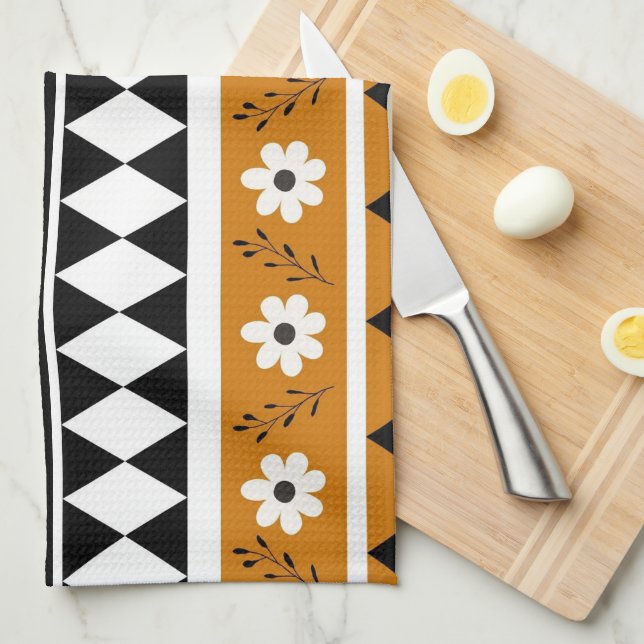 Brauner schwarzer Streifen tropisches florales bot Geschirrtuch (Viertel Falte)