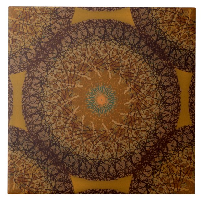 Brauner Senf Yellow Boho Mandala 70er  Fliese (Vorderseite)
