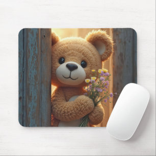 Brauner Teddybär hält einen Wildblumenstrauß Mousepad