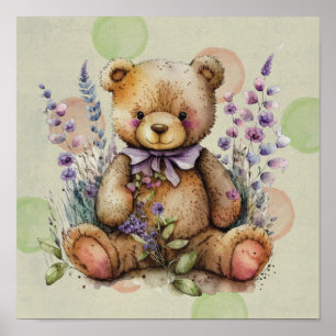 Brauner Teddybär Lavendelblumen und Punkte  Poster