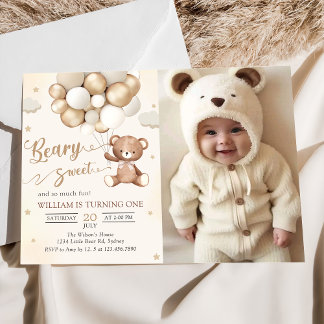 Brauner Teddybär mit Balloons Geburtstags-Foto Einladung