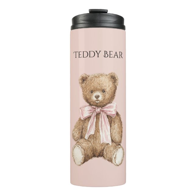 Brauner Teddybär mit rosa Schleife Thermosbecher (Vorderseite)