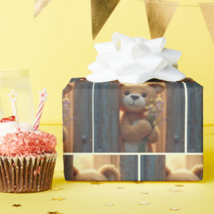 Brauner Teddybär mit Wildblume Bouquet Geschenkpapier