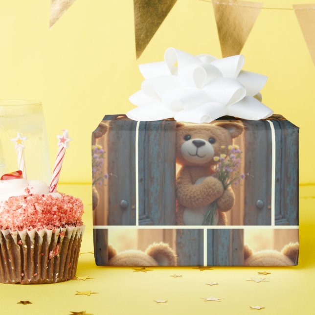 Brauner Teddybär mit Wildblume Bouquet Geschenkpapier (Geburtstagsparty)