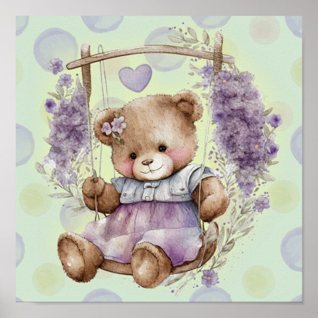 Brauner Teddybär Schwingen Lavendelkleid und Polka Poster (Vorne)