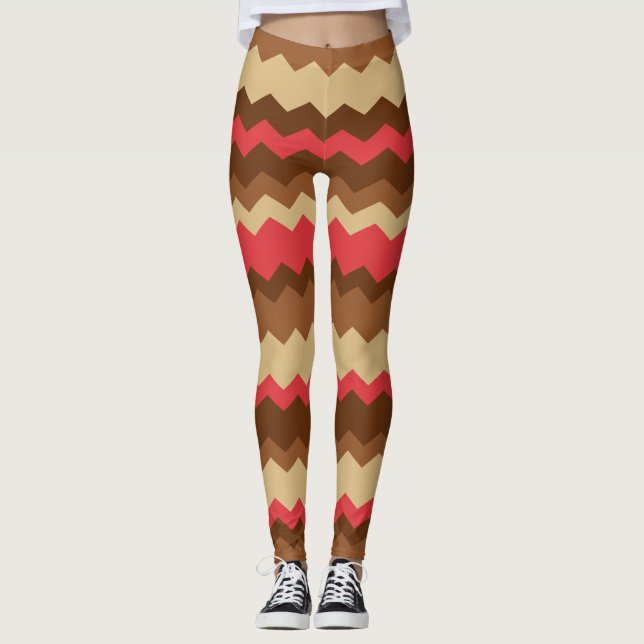 Brauner und roter Herbst Zig Zag gestreift Leggings (Vorderseite)