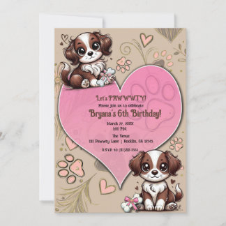 Brauner und weißer Welpenhund Rosa Herzchen Geburt Einladung