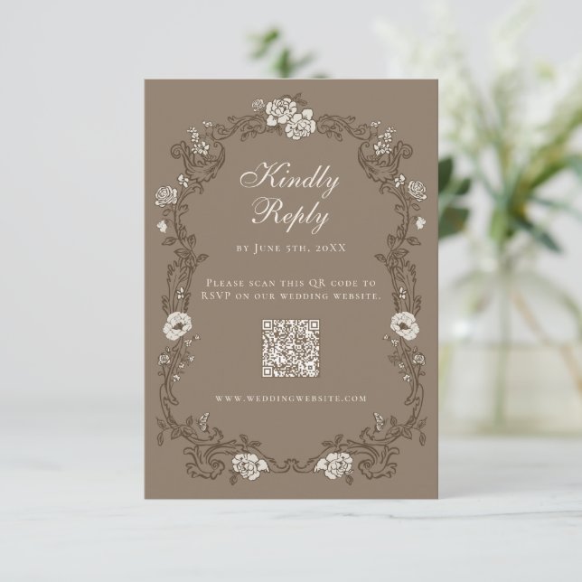 Brauner Vintage-Blumen-QR-Code RSVP Karte (Stehend Vorderseite)