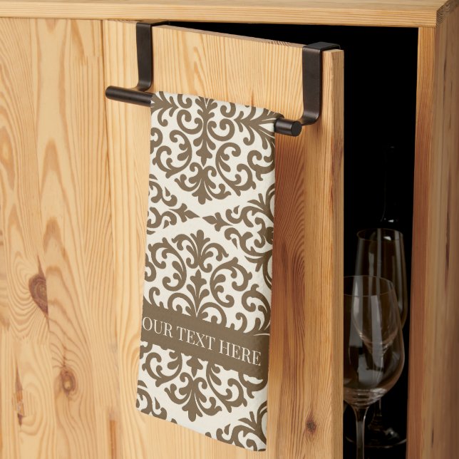 Brauner Vintage-Damask-Erbstück Geschirrtuch (Drittel gefaltet)