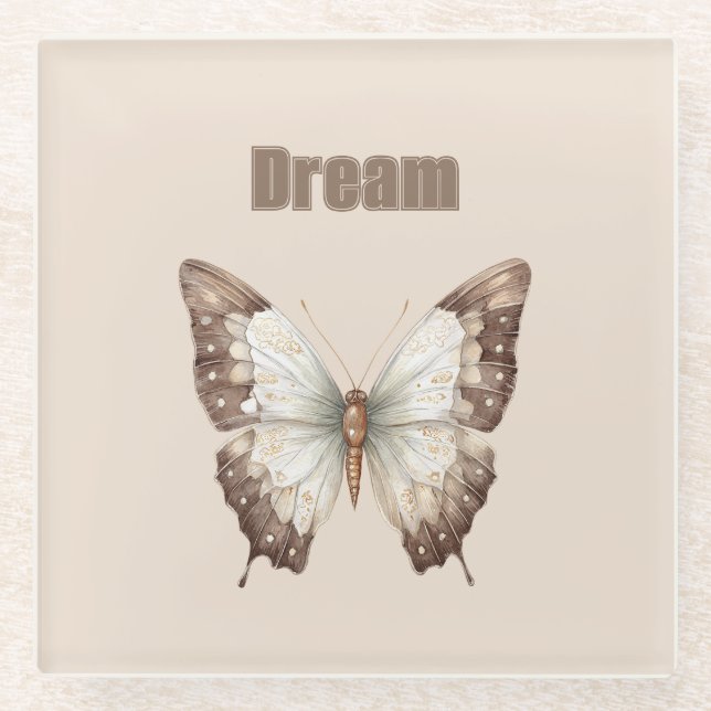 Brauner Weißer Traum Schmetterling Glasuntersetzer (Vorderseite)