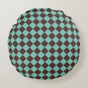 Braunes Aquamarines Schachbrett Diamantmuster Rundes Kissen