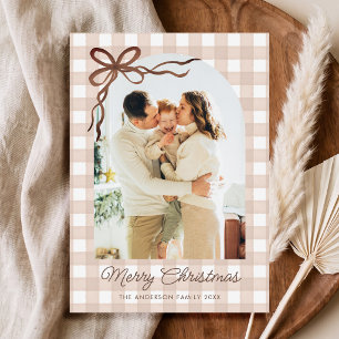 Braunes Aquarell-Gingham-Bogen-Foto Feiertagskarte
