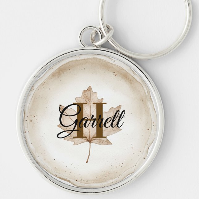Braunes Blatt Monogramm Name Schlüsselanhänger (Vorne)