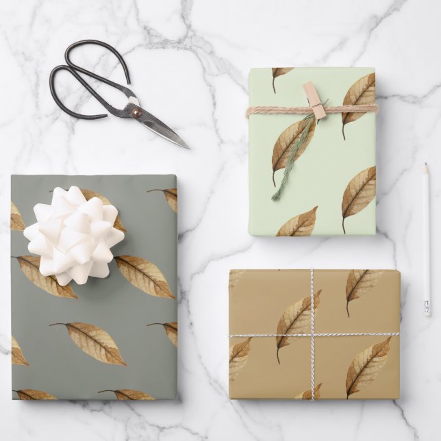 Braunes Blatt-Wrap-Papier Flachblatt-Set aus 3. Geschenkpapier Set (Vorderseite)