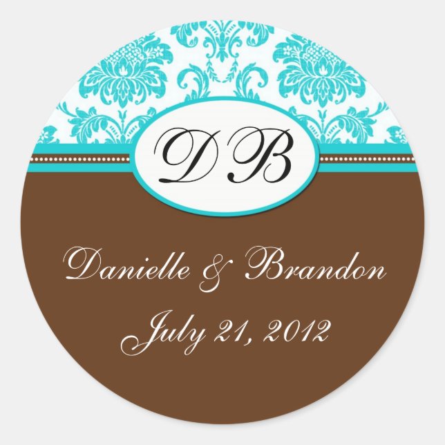 Braunes Blue Wedding Monogram Damask Siegel Runder Aufkleber (Vorderseite)
