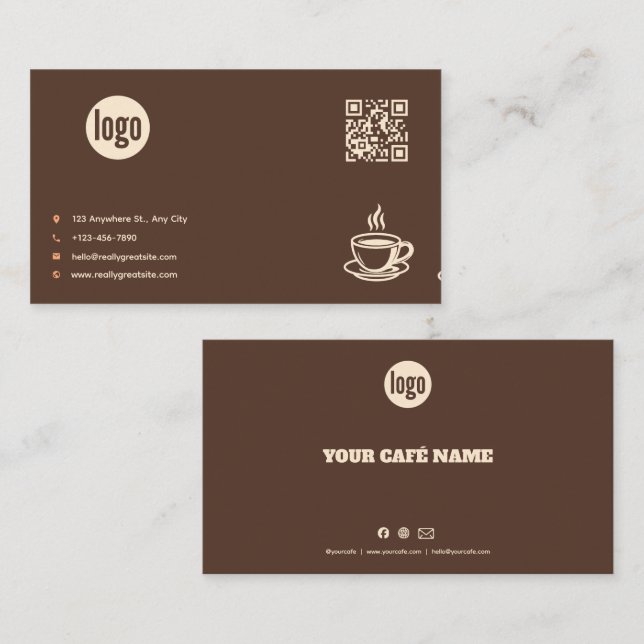 Braunes Café-Logo QR-Code Visitenkarte (Vorne/Hinten)