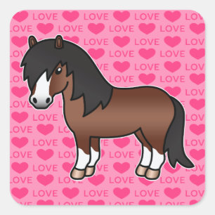 Braunes Cartoon Shetlandpony mit Liebesherzen Quadratischer Aufkleber