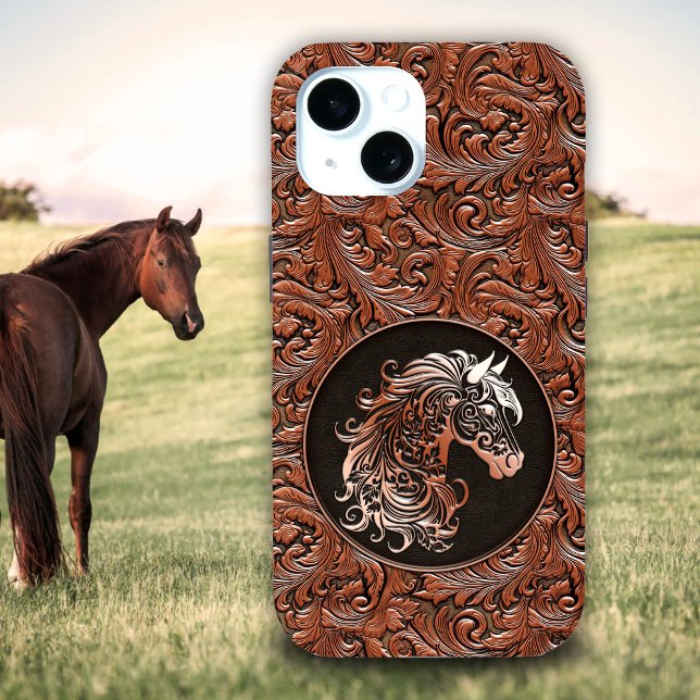 Braunes Cowgirl mit Blumenmotiven aus Leder Case-Mate iPhone Hülle (Brown cowgirl floral tooled leather horse head Case-Mate iPhone case)