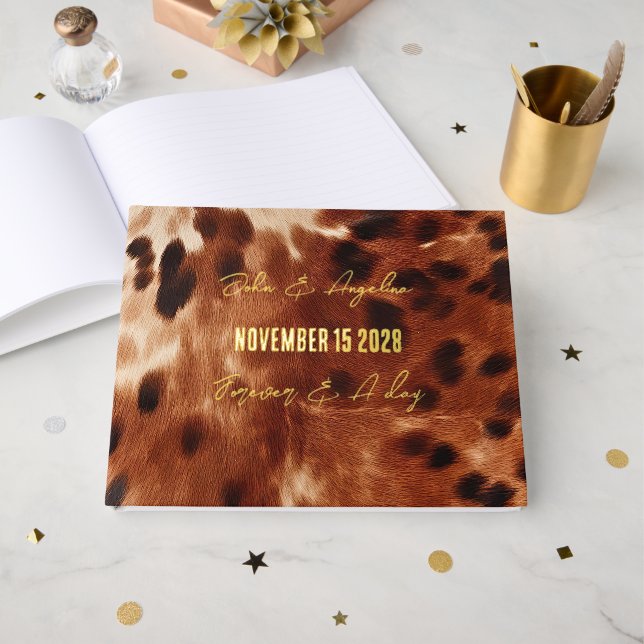 Braunes Cream Black Cowhide Hochzeit Gästebuch (Vorderseite offen)