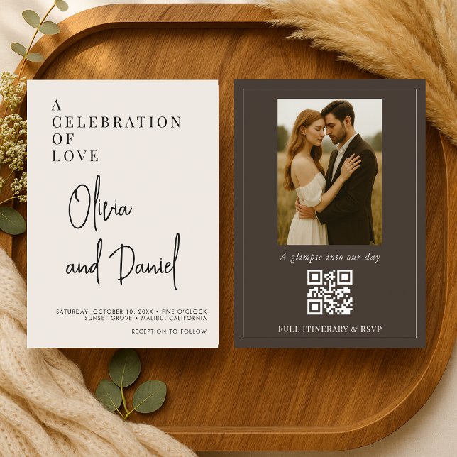 Braunes Espresso-Script-Foto-QR-Code-Hochzeit Einladung (Von Creator hochgeladen)