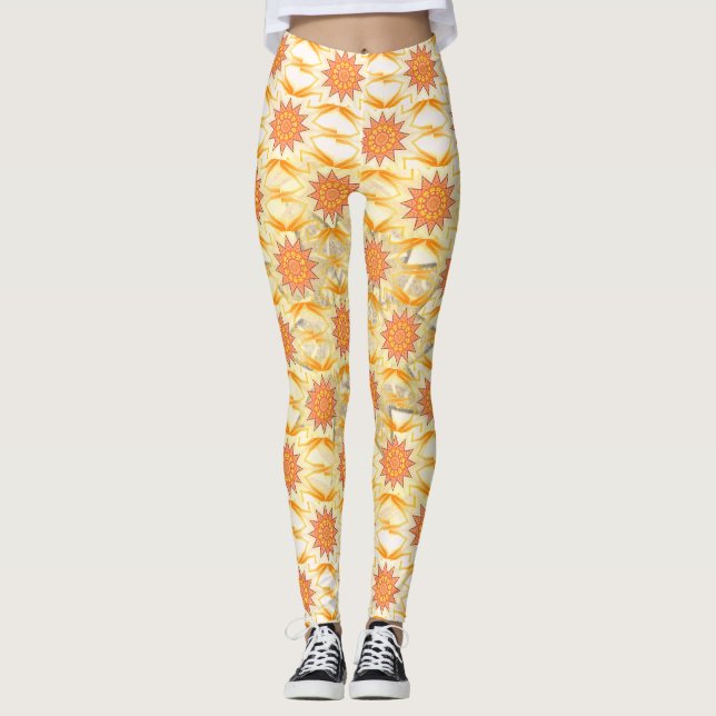 Braunes Gelbes Sonnenmuster überall Leggings (Vorderseite)
